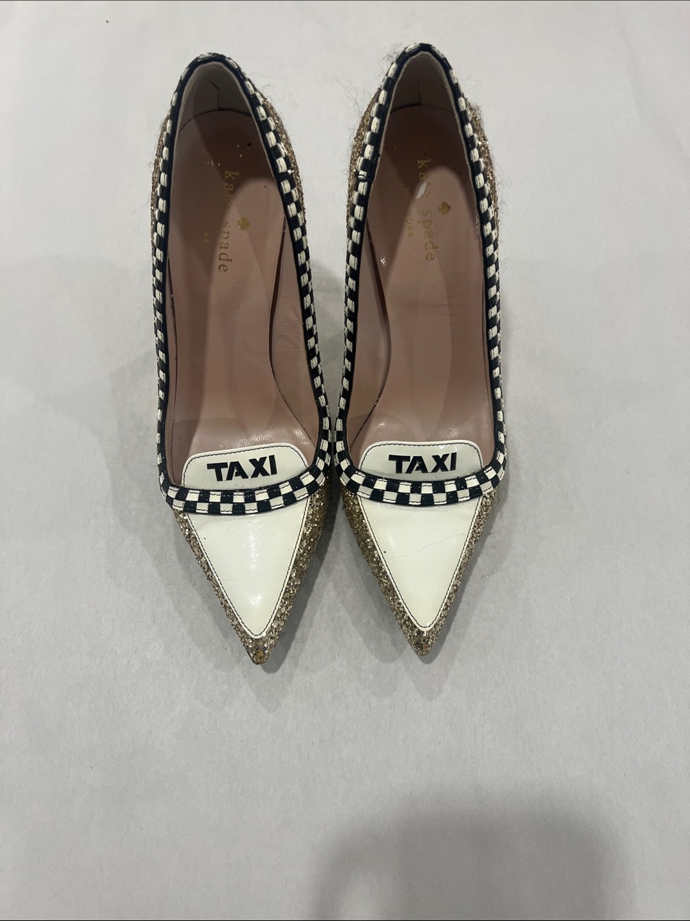 kate spade White Pointed-Toe 'TAXI' Pumps with Gold Glitter Trim